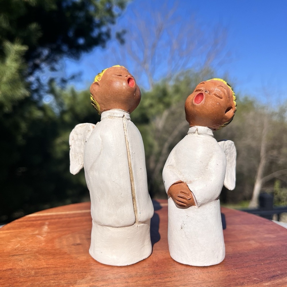 Vintage Terracotta Singing Angel Figurines Christmas Choir Boy‎ Girl w Wings